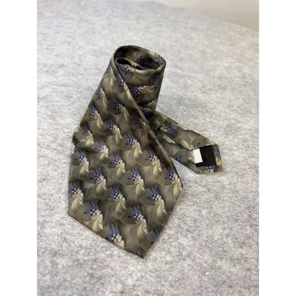Pierre Cardin Mens Silk Tie Olive Green Blue Geometric Swirl Pattern Designer‎
